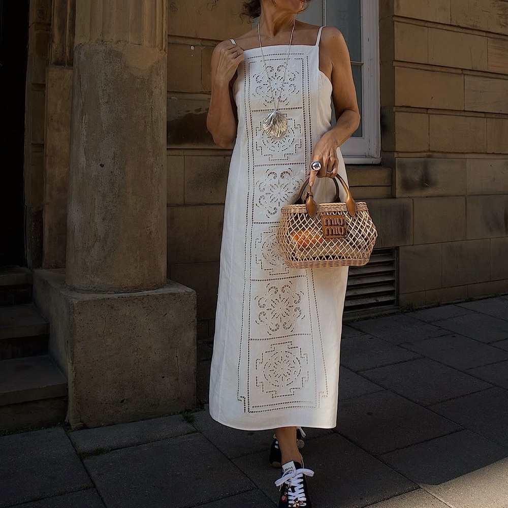 SOLD Zara Strapless White Dress with Intricate Patterns